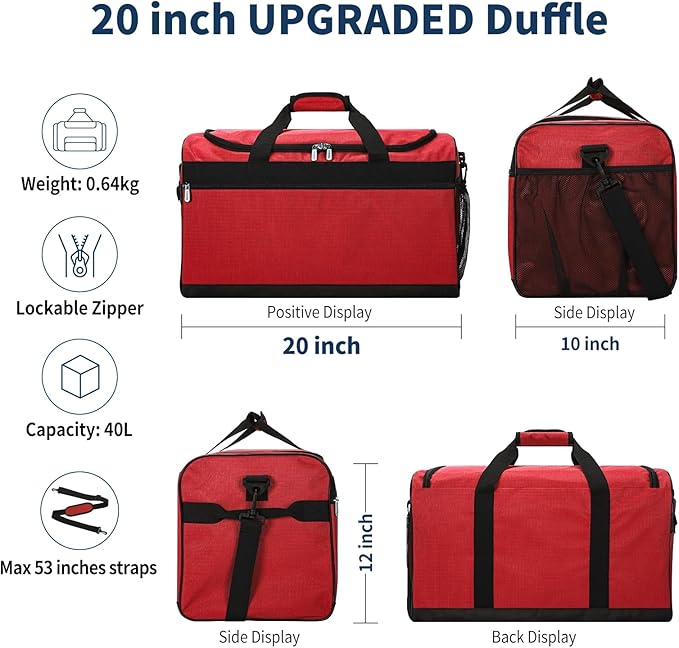 Gym Bag 20 inch Sport Duffle Bag for Men - 40L Weekender Duffel Bag for Travel - Red