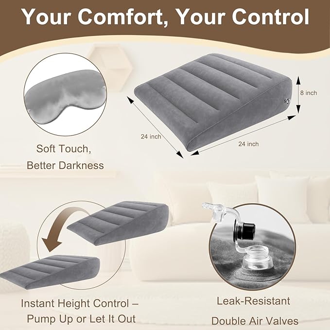 Inflatable Wedge Pillow for Sleeping - Inflatable Travel Pillow with Eye Mask for Head Shoulder,Back,Knee,Leg Elevation,Post-Surgery Support,Acid Reflux&Back Pain Relief,Snoring,Portable Wedge Cushion