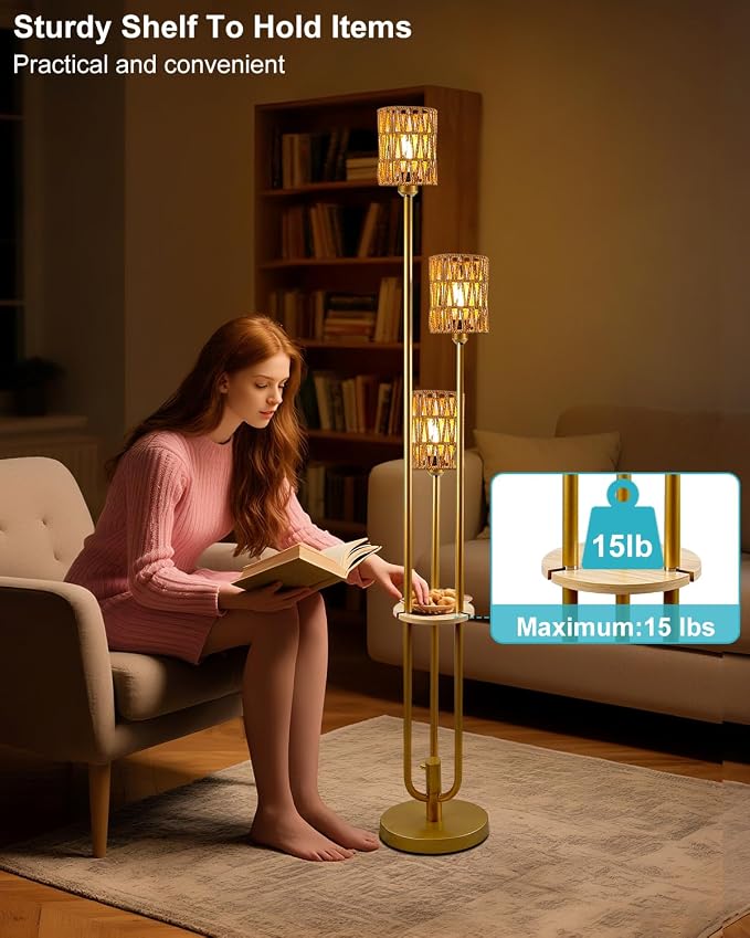 Lightdot Dimmable Boho Floor Lamps with Table 3-Lights Farmhouse Floor Lamp 3000K Warmwhite Bulbs Included Rustic Gold Standing Lamp with 5Lbs Heavy Base for Living Room/Sofa Beside/Corner Decor