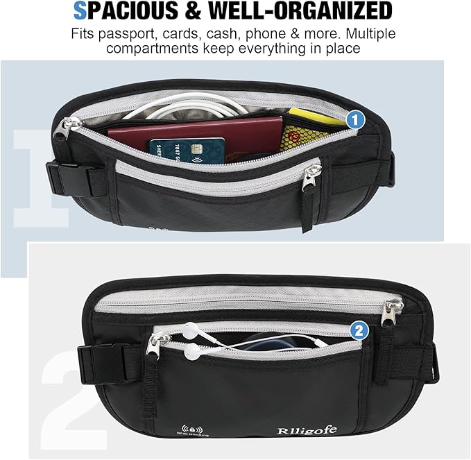 Money Belt for Travel Women and Men Hidden - Slim RFID Blocking Travel Wallet with Secure Anti-Theft Pouch, Passport Holder for Passport, Credit Cards, Cash Under Clothes