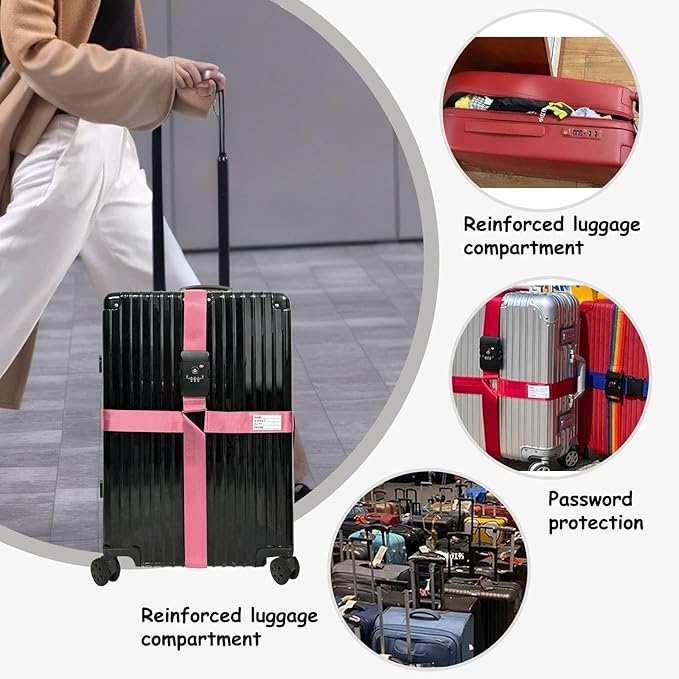 Luggage Straps TAS,Travel Strap with Name tag,Easy to Identify,Luggage Straps TSA Approved with Lock,Combination Luggage Lock with Adjustable Length,Compatible with 20-34 inch Luggage(Pink 1 Pack)