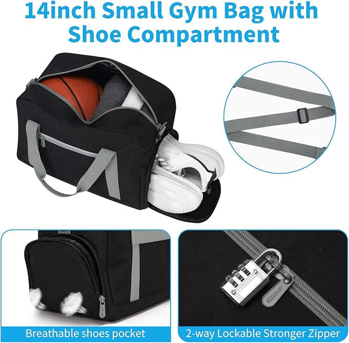 Small Gym Bag 14 inch lightweight Carry On Mini Duffel Bag with Shoe Compartment for Travel Sport - Black/Grey