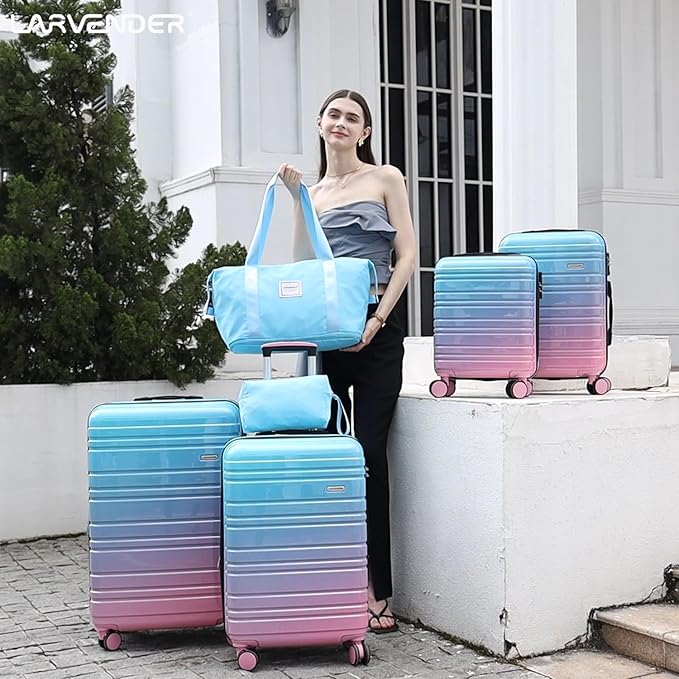LARVENDER Luggage Sets 6 Piece, Expandable PC+ABS Hardside Multicolor Suitcase Sets with TSA Lock Double Spinner Wheels, Cotton Candy