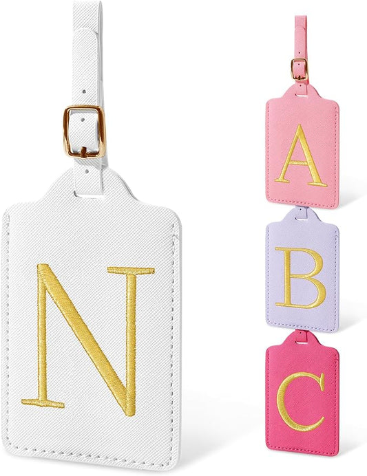 Initial Letter Luggage Tags for Suitcases, Personalized Embroidered Letter Luggage Bag Suitcase Identifier Name Tag, Cute PU Leather Travel Luggage Tags, Bag Tags for Luggage Handbags(White N)