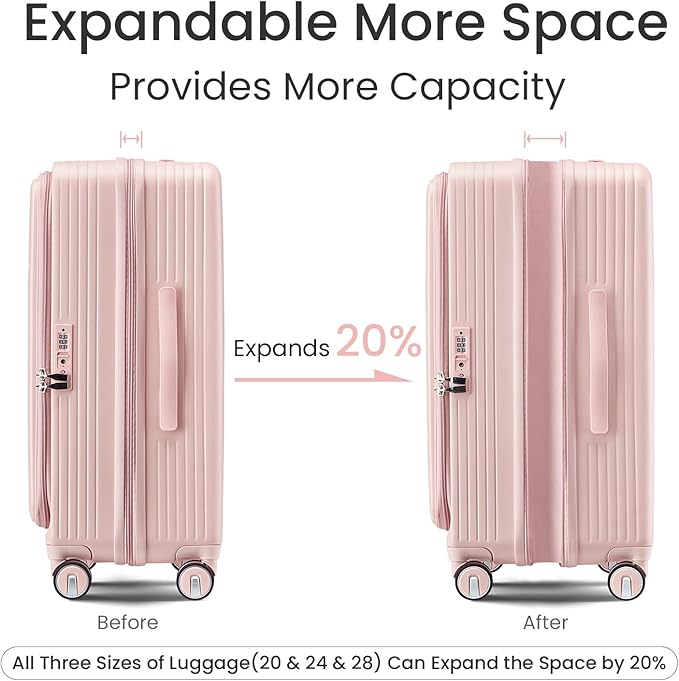 3 Piece Luggage Set 100% PC Hardshell, Front Opening Expandable Suitcase (20/24/28) with Laptop Compartment & Free Custom PVC Covers, Trunk Style Lightweight Spinner Wheels TSA Lock (Pink)