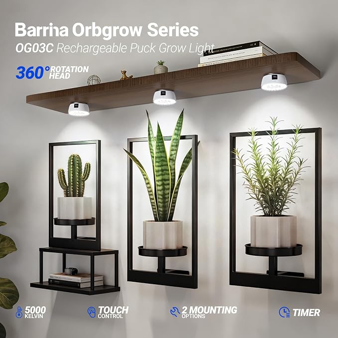 Barrina Orbgrow OG03C Rechargeable Puck Grow Light, 5000K, 2 Packs, White | Cordless Full Spectrum Plant Light for Indoor Plants, Magnetic & Touch Switch with Timer, Small Grow Lamp for Plant Shelf