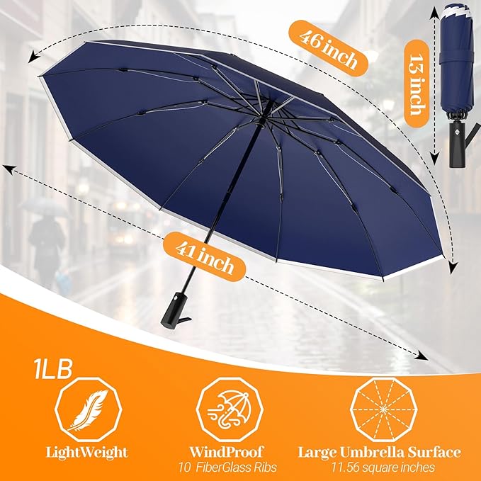 ExploreBliss Travel Umbrella Superior, Beautiful & Compact, Large Strong but Light Portable and Automatic Folding Rain Umbrella, Premium Grip, Fits Car & Backpack