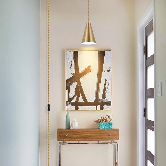 Gold Plug In Pendant Light,Hanging Lights With Plug In Cord On/Off Switch, Mini Brass Pendant Lights for Kitchen Island,Modern Chandeliers Light Fixture with Metal Shade,Hanging Lamps for Bedroom