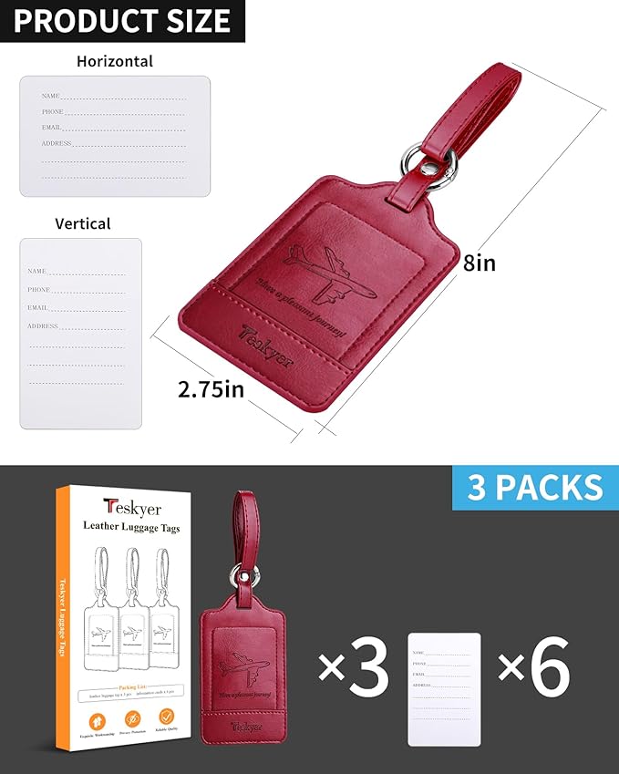Teskyer Luggage Tags, 3 Pack Premium PU Leather Luggage Tags Privacy Protection Travel Bag Labels Suitcase Tags
