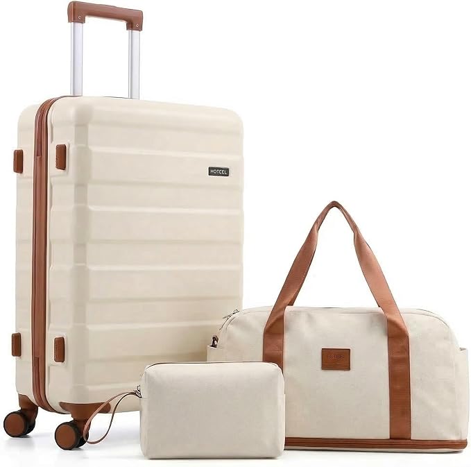 Hoteel Luggage Sets 3 Piece, 4-Year Warranty, Carry-On Luggage with Dual-Spinner Wheels, ABS Hard Shell Suitcase with TSA Locks, 20 Inch Lightweight Luggages for Travel, Beige(20IN/DB/TB)