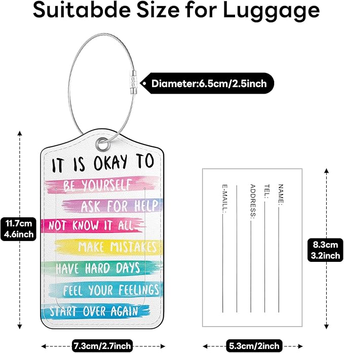 2 Pack PU Leather Luggage Tags for Suitcases, Privacy Protection Cover with Stainless Steel Loop and Address Card, Travel Cruise Essentials (It is Okay to)