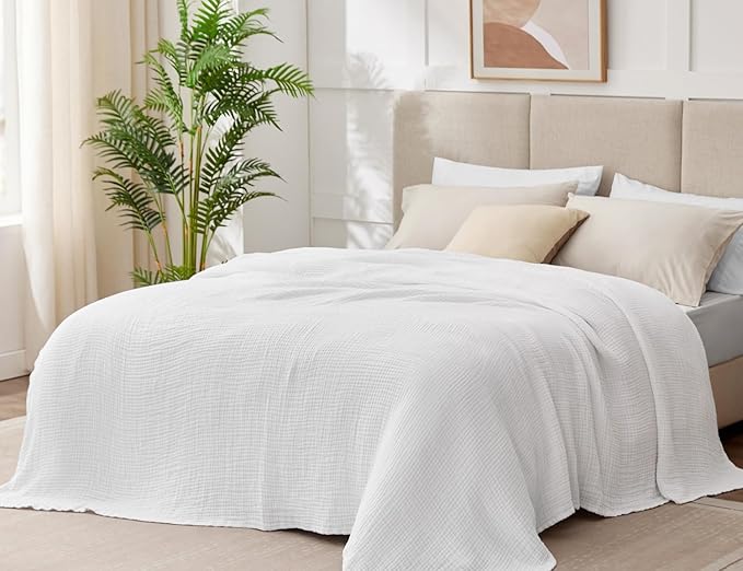 100% Cotton Muslin Blanket King 108" x 90", 6 Layers Breathable and Lightweight Cotton Throw Blanket for Bed, Soft Quilt Bedspread Coverlet, Gauze Blanket for Adults All Season, White