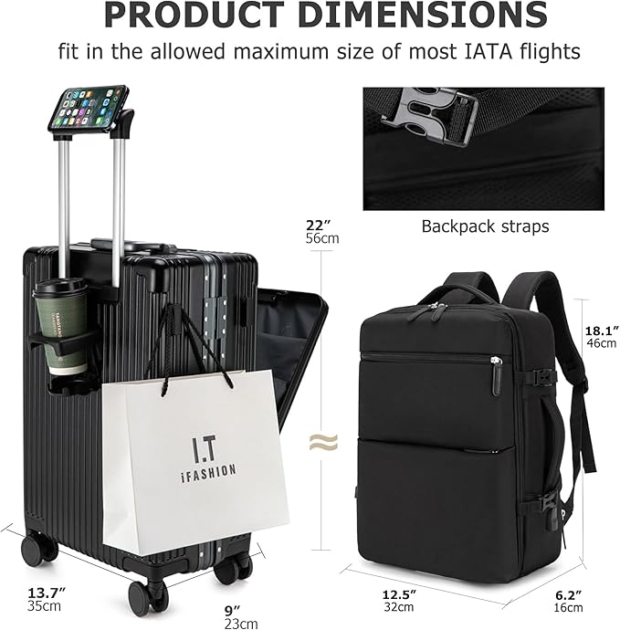 feilario 2 Piece Set Aluminium Frame PC Hard Shell Spinner Wheels Luggage,20.8"X15"X8.7 Airline Approved Built-In TSA lock Carry on Suitcase, with Cup Holder, USB Port, Phone Holder