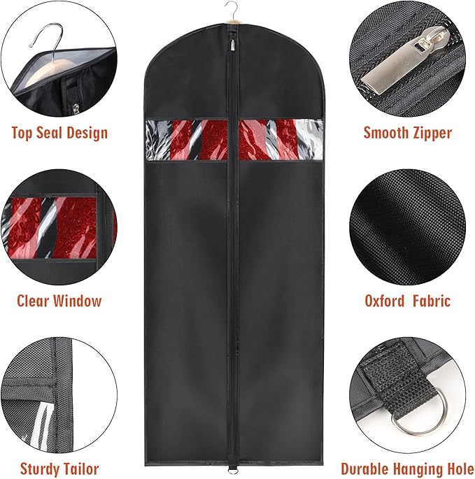 Univivi Garment Bag 60 inch Lightweight Suit Bags for Closet Storage, 8 Pack Garment Bag for Dresses Long with Zipper and Eye-Hole Carry Handles for Folding for Tuxedos Coats Dresses, Black