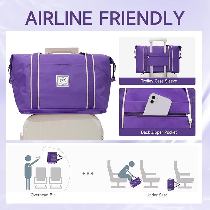 WALNEW Travel Duffel Bag, Weekender Overnight Carry On Bag for Women Men, Foldable Waterproof Gym Luggage Duffle Bag with Metal Buckle Detachable Shoulder Strap and Wet Compartment (Purple)