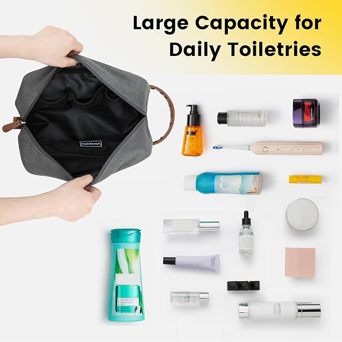Vorspack Travel Toiletry Bag - Hanging Toiletry Bag for Men Water Resistant Canvas Shaving Bag with Large Capacity for Travel - Light Grey