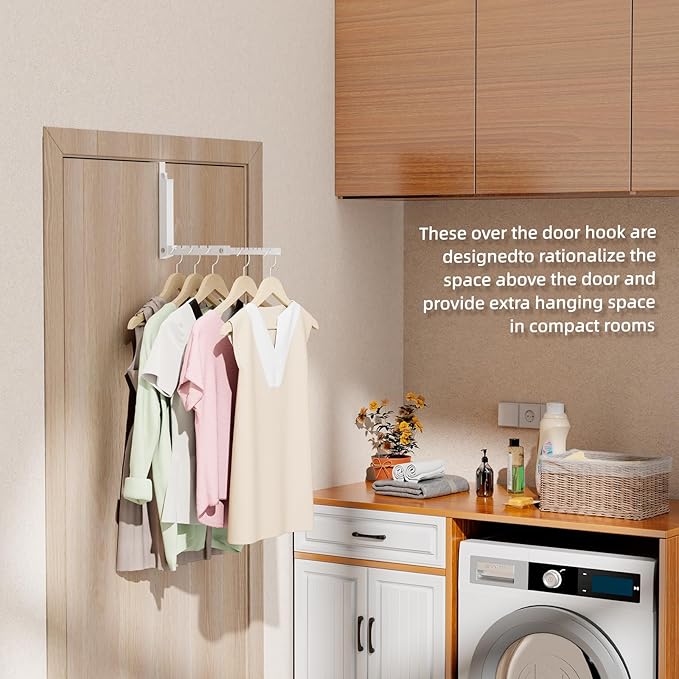 BAKON Over The Door Hanger Folding Clothes Drying Rack, Double Fold Hanging Door Hooks Coat Rack for Indoor Laundry Room Compact Small Space Foldable Portable Clothing Hanger Hook Collapsible- 2 Pack