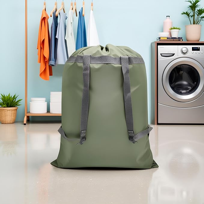 Laundry Bag Backpack, 27” x 34”Sturdy Laundry Bag with Shoulder Straps Drawstring Closure Heavy Duty Foldable Laundry Backpack for College, Travel, Laundromat, Apartment (Army Green)