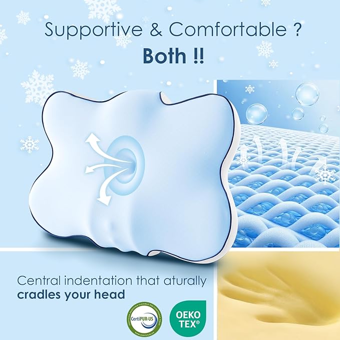 Cervical Pillow for Neck and Shoulder, Ergonomic Side Sleeper Pillow for Pain Relief, Cooling Memory Foam Pillows for Sleeping, Contour Pillow Orthopedic Bed Pillow for Back Stomach Sleepers (Blue)