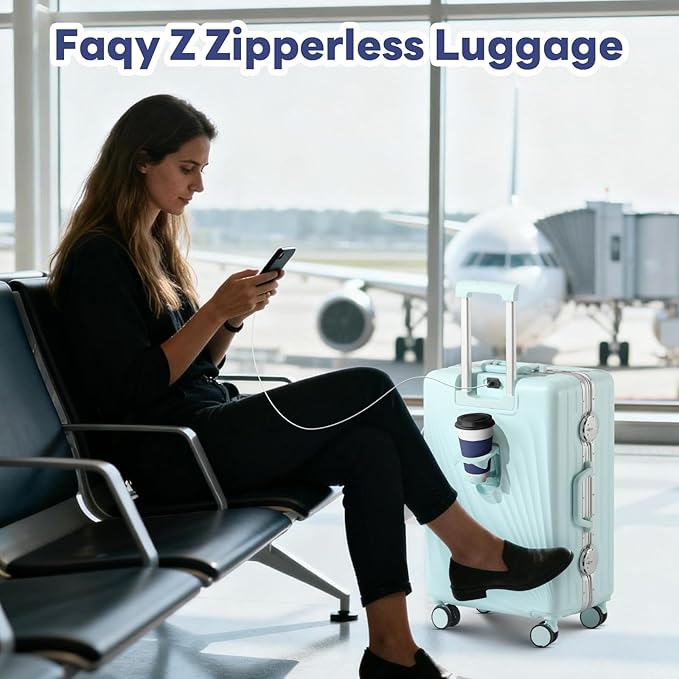 20 Inch Carry On Luggage, Zipperless Luggage with Spinner Wheels, Airline Approved Suitcase with Cup Holder, TSA Lock and USB Charger for Travel, Mint Green