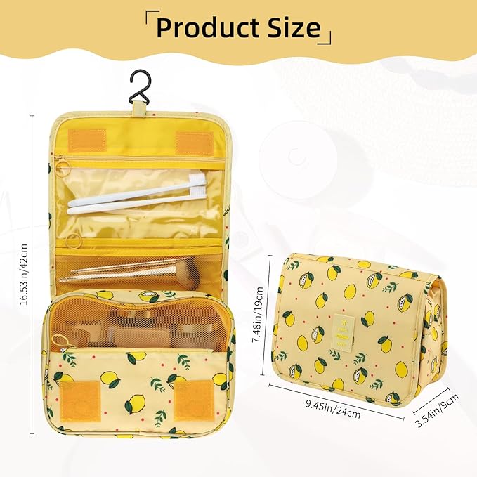 Foldable Hanging Travel Toiletry Bag,Waterproof Portable Travel Bags, Multifunction Travel Makeup Cosmetic Bag Organizer with Hanging Hook (Yellow Lemon)