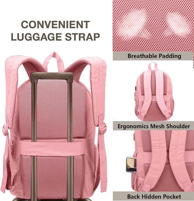 KEOFID Classic Travel backpack for Men and Women, Anti Theft Laptop Backpack with USB Charging Port for Work, Large Bag for College, Water Resistent(Bright Pink)