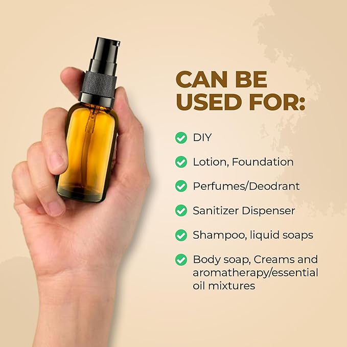 6 Pack, 3 30ml (1oz) & 3 15ml (0.5oz) Empty Refillable Glass Amber Pump Bottle Ideal for Lotion Cream Essential Oil Travel Small Container, Convenience Pack