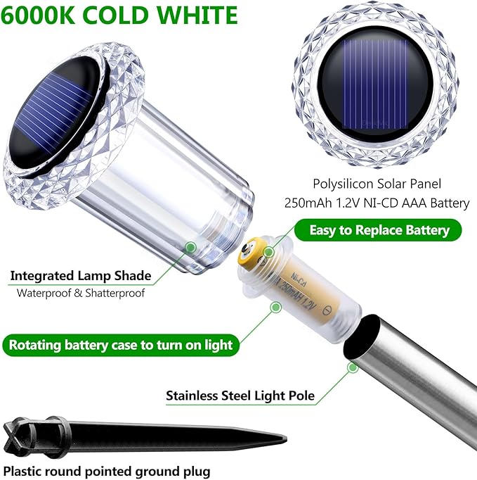 DenicMic Solar Pathway Lights Outdoor Waterproof Cold White LED 15 Pack | Yard Garden Driveway Walkway Landscape Path Lights, Starburst Pattern, Acrylic Diamond-like Lampshade Stainless Steel Pole