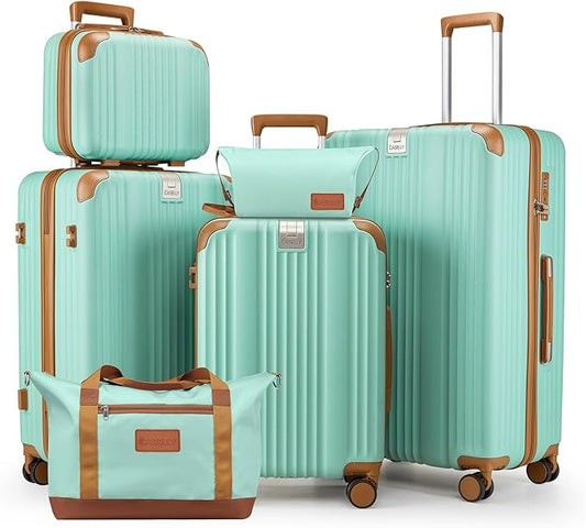Luggage Set 6 Piece with Cup Holder,Hardshell TSA Lock Spinner Wheels Carry on Lightweight Suitcase，Hook and YKK Zippers for Valentine Gifts(Green, 6 piece sets（14/20/24/28/DB/TB）)