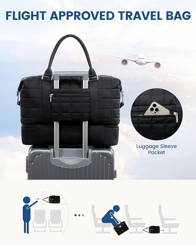 LOVEVOOK Puffer Weekender Bags for Women, Carry On Overnight Bag with Toiletry Bag, Gym Duffel Bag with Wet Pocket, 2Pcs Set