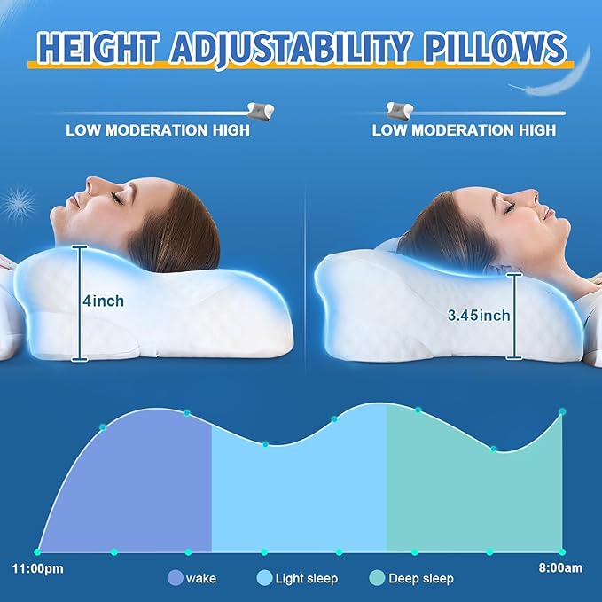 Cervical Neck Pillows with Memory Foam - Neck Pillows for Pain Relief Contour Memory Foam Pillows Ergonomic Neck Support - Adjustable Orthopedic Pillows with Breathable Pillowcase White
