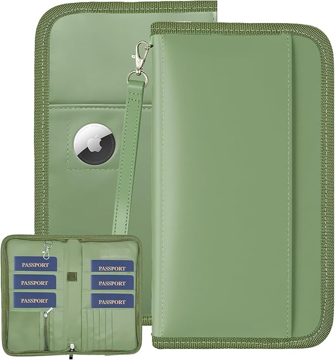 GOAUS Passport Holder with AirTag Slot, PU Leather Travel Document Organizer, Multiple RFID Blocking Wallet for Family of 4 to 6 Green