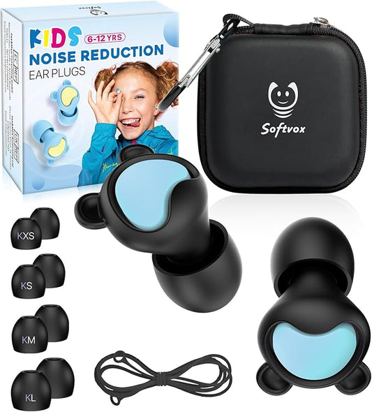 Kids Ear Plugs (6-12 Years) with Lanyard, Kids Ear Protection Reusable Noise Relief Earplugs for Focus, Travel, Concerts, Socializing, Events, Sleep, Anxiety, Stress, Home, School, Playtime - 26 dB