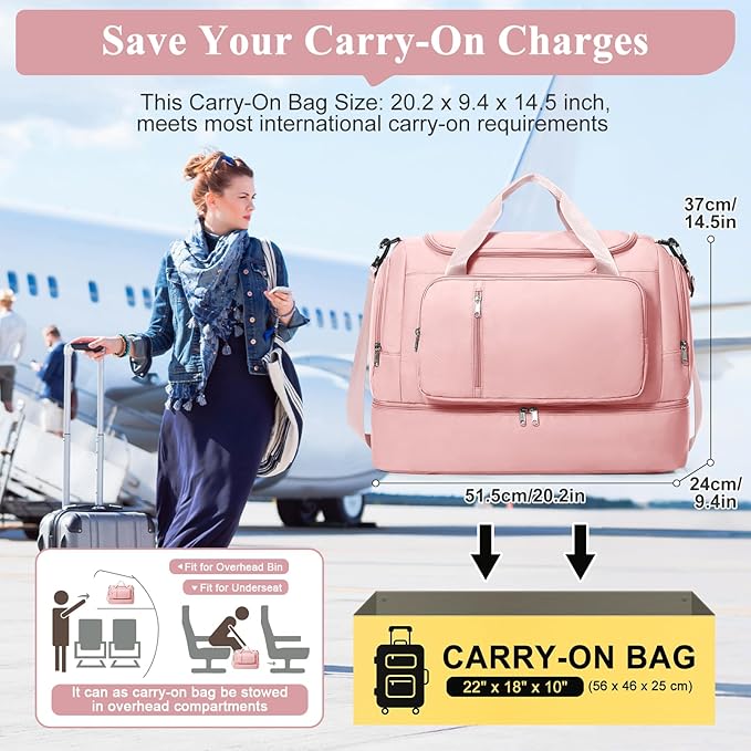 Travel Duffle Bag, Weekender Bags for Women,Overnight Weekend Carry On Personal Item Travel Bag with Shoes Compartment & Toiletry Bag,Pink