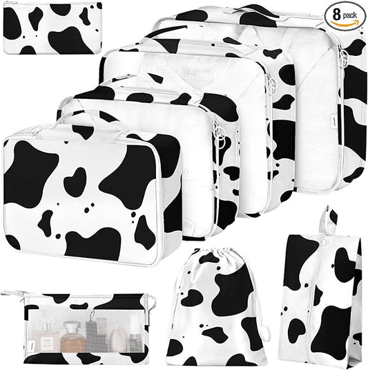 8 Set Packing Cubes for Suitcases, Packing Cube with Shoe, Cosmetics, Clothing, and Accessories Bags Packing Cubes for Travel Luggage Organizer(Cow)