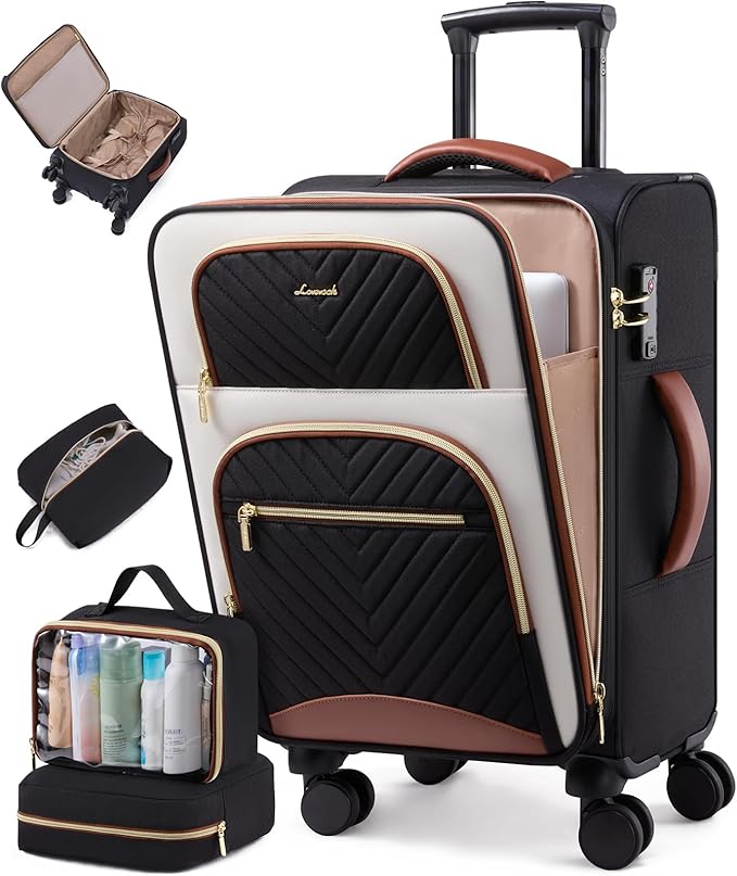 LOVEVOOK Carry on Luggage 22x14x9 Airline Approved, Waterproof Carry on Suitcase with 3 Pouches,Lightweight Softside Underseat Travel Luggage with 360° Spinner Wheels,TSA Lock for Travel Business