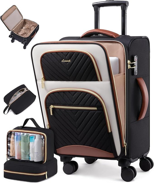 LOVEVOOK Carry on Luggage 22x14x9 Airline Approved, Waterproof Carry on Suitcase with 3 Pouches,Lightweight Softside Underseat Travel Luggage with 360° Spinner Wheels,TSA Lock for Travel Business