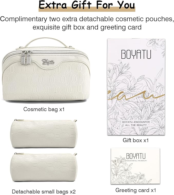 BOYATU Travel Makeup Bag for Women: Cosmetic Organizer Bag with Compartments - Leather Make up Bags Set of 3 (G-2-White)