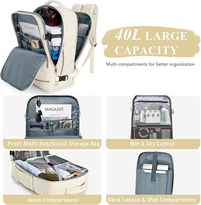 Travel Backpack, 40L 17 inch Laptop Waterproof Backpack Carry on Flight Approved, Personal Item Travel Bag, Casual Daypack for College, Business, Weekend, Work, Beige