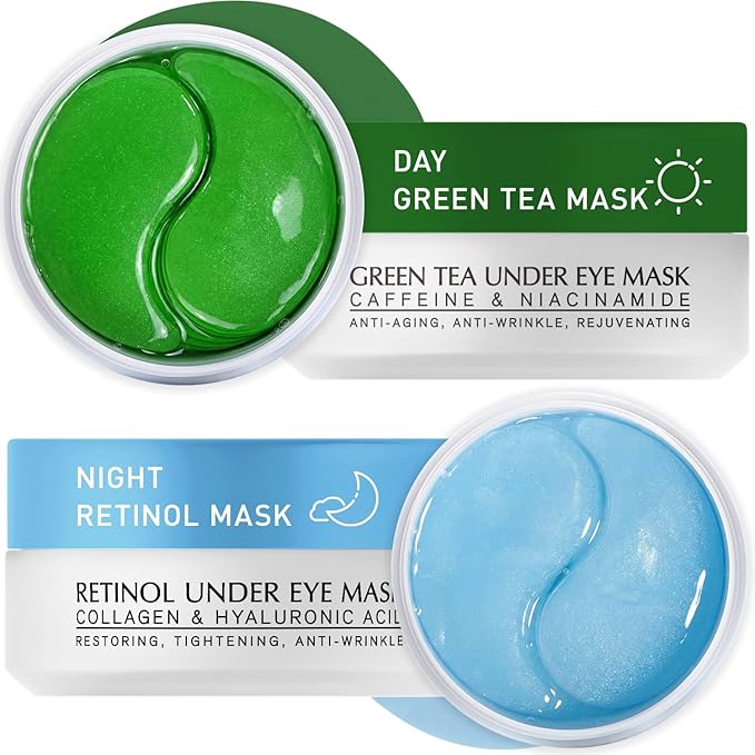 Under Eye Patches Kit: 120 Pcs Retinol & Green Tea Gel Eye Mask for Dark Circles, Puffiness and Wrinkles - Day & Night Skin Treatment Pads with Niacinamide, Collagen & Vitamin C (2 Pack)