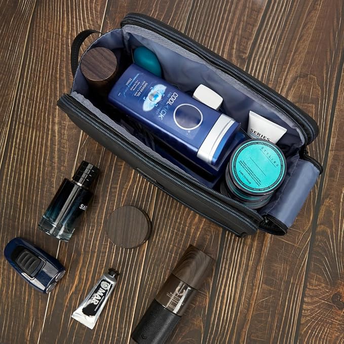 ZEEMO Travel Toiletry Bag for Men, Large Water-Resistant Double-Sided Full-Open Dopp Kit, Versatile Organizer for Shower and Hygiene Accessories, Bathroom Essentials, Cosmetics, Black and Blue