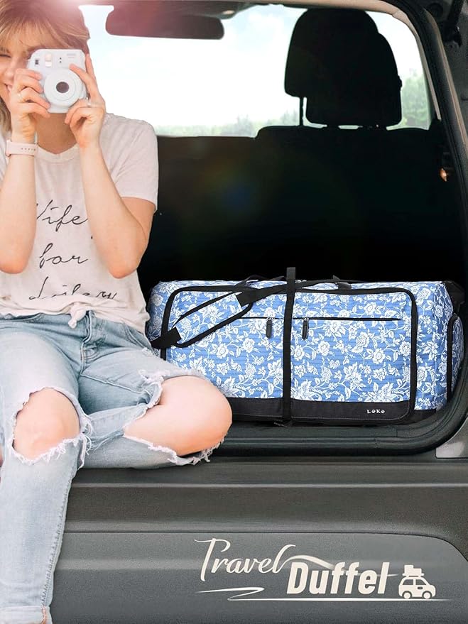 Lekesky Foldable Travel Duffle Bag for Women, Large Duffel Bag with Separate Shoes Compartments & Straps, Carry On Weekend Bag for Women (Blue Floral Print, 80L)