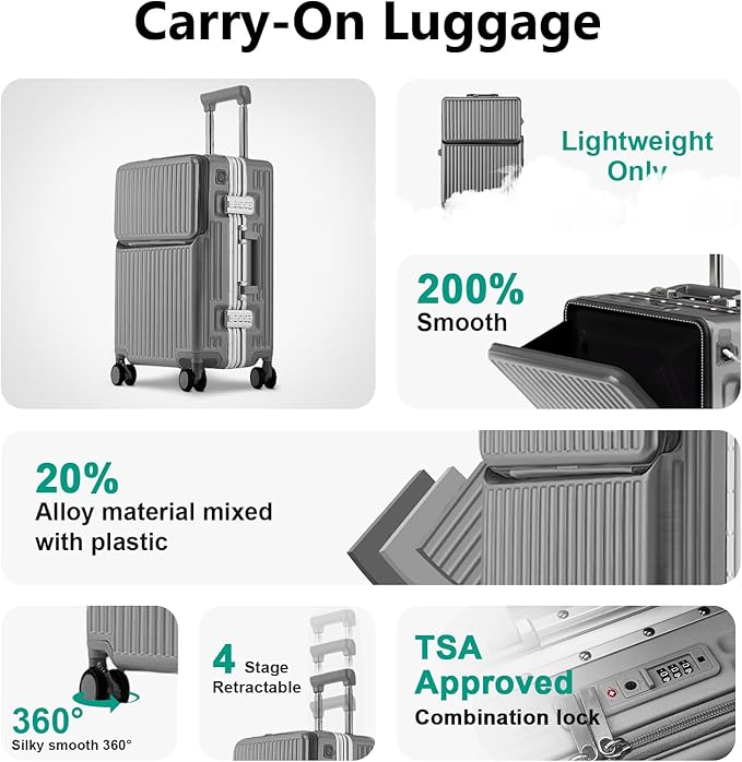 Hard Shell Luggage 20 Inch Travel Suitcase, 22x14x9 Airline Approved with TSA Lock, ABS Aluminum Frame, Lightweight Travel Luggage 20'' 24'' 26'' Carry-on Luggage (Upgraded Grey, 20 Inch)