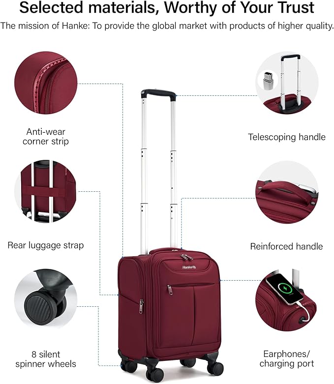 Hanke Underseat Carry On Luggage with Wheels, Lightweight Small Suitcase Airline Approved 16 Inch Softside Personal Item Travel Bag for Women Men, Compact Under Seat Luggage.(Burgundy)