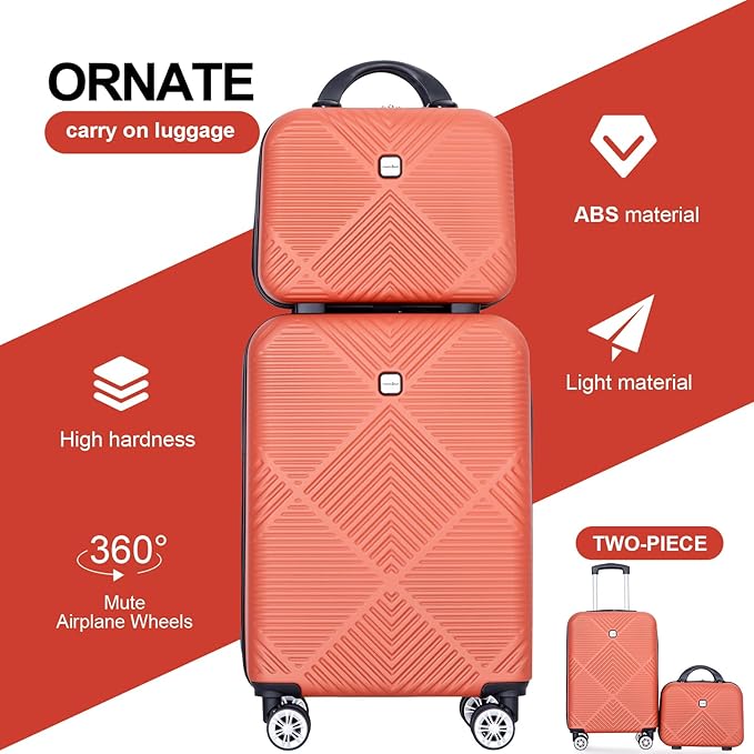 2 Piece Carry on Luggage Set, Airline Approved 20 Inch Luggage with Cosmetic Case HardShell Suitcase with Spinner Wheels, Lightweight Durable Hardside Suitcases Set, Dark Orange