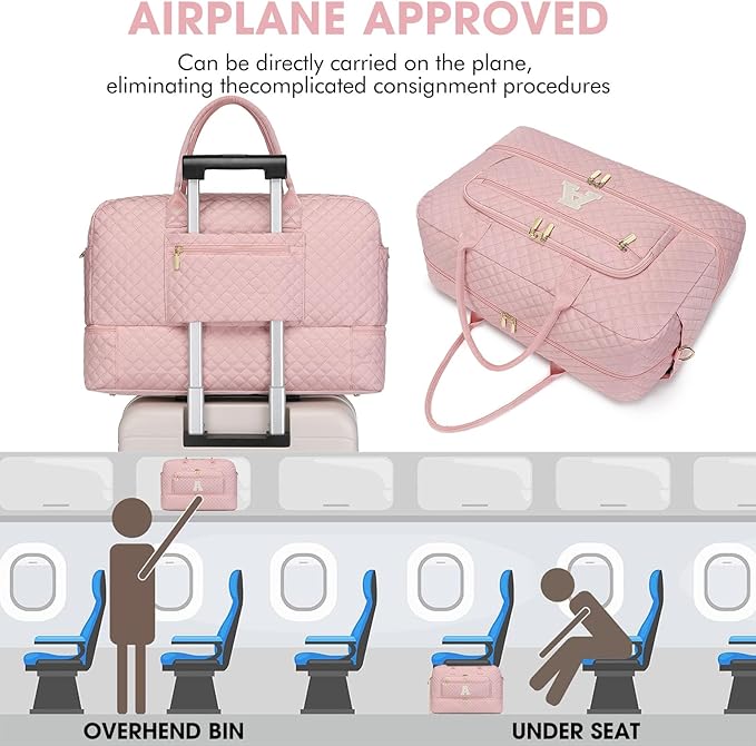 Initial Travel Duffle Bag for Women - Pink Personalized Weekender bags Overnight Bag with Shoe Compartment & Wet Pocket Weekend Tote Bags with Toiletry Bag Monogram Christmas Gifts (Letter A)