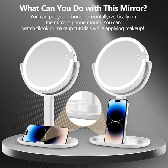 MIYADIVA Makeup Mirror with Lights,20X Magnifying Mirror with Light and Touch Switch,Vanity Mirror with 3 Color Light and 80 LEDs,2-Sided Lighted Magnified Mirror 8.8 Inches
