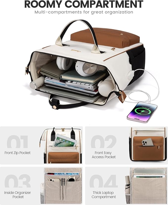 LOVEVOOK Laptop Backpack for Women 15.6 Inch, Travel Backpack with USB Charging Port Large Capacity Laptop Bag, Waterproof Bag for Business College Airline Approved Work Backpack(Brown White)