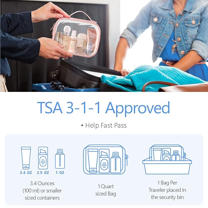 PACKISM TSA Approved Toiletry Bag 3 Medium, 3-1-1 Compliant Clear Makeup Bag with Handle, Quart Size Toiletry Bags Fit Carrv-on Travel Essentials, Water Resistant PVC, Rose Pink