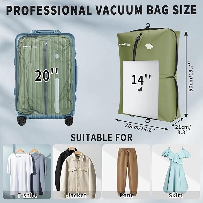 Reusable Vacuum Bags for Travel,Professional Waterproof IPX8 Vacuum Compression Bag for Suitcases Backpack,Space Saver Bags Packing Organizers for Clothing Packing(2 Pack,Grass Green)